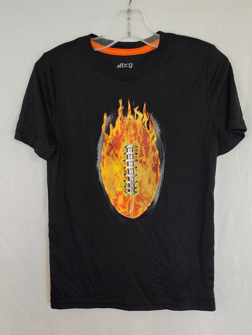 bcg Black Tee with Orange and Yellow Flaming Football Print